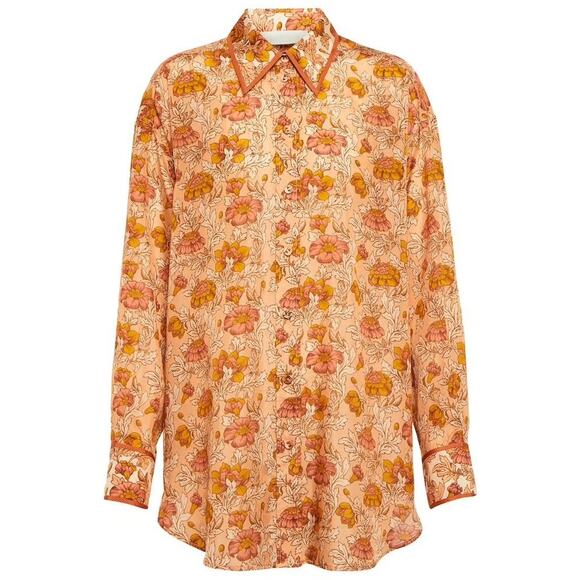 Zimmermann Andie Relaxed Floral Silk Habutai Blouse Button Down Shirt Orange - Picture 4 of 9